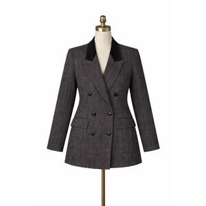 International Scene Tweed Blazer Jacket Leather Collar Wool Herringbone Tailored